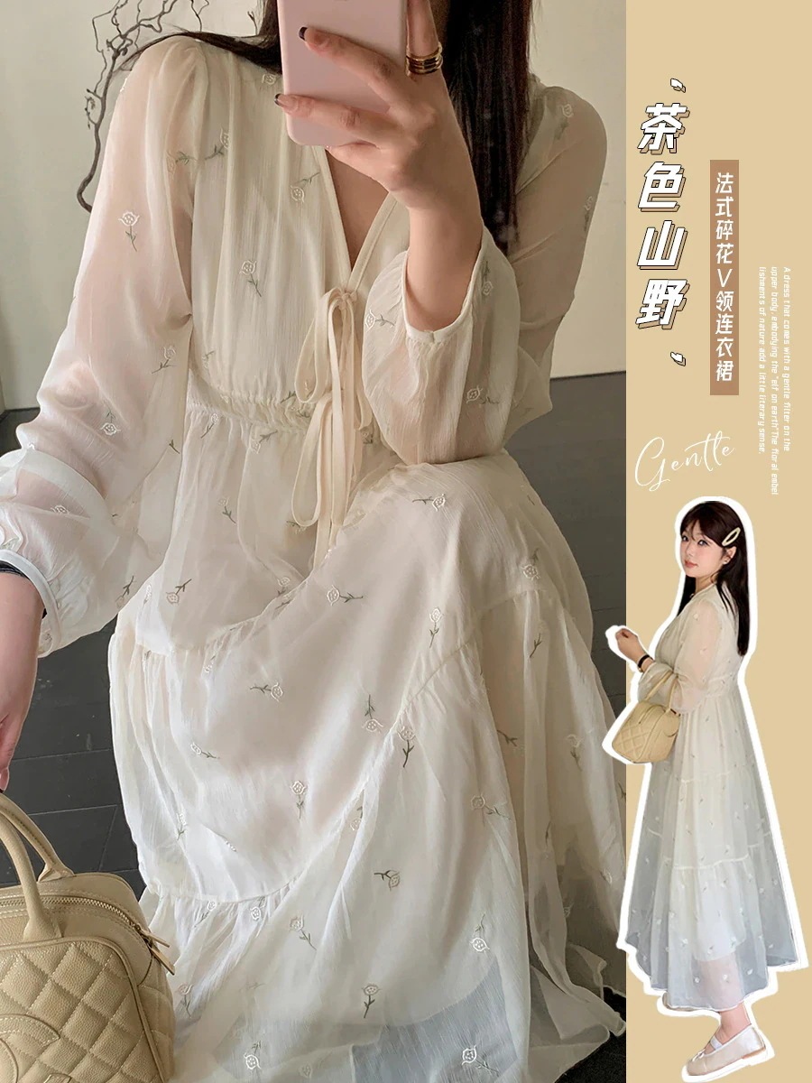 【ぽちゃまに】 2024秋新品 フランス風 レトロ ワンピース Ｖネック 体型カバー 大きいサイズ レディース ロングワンピース メガ割30%制限