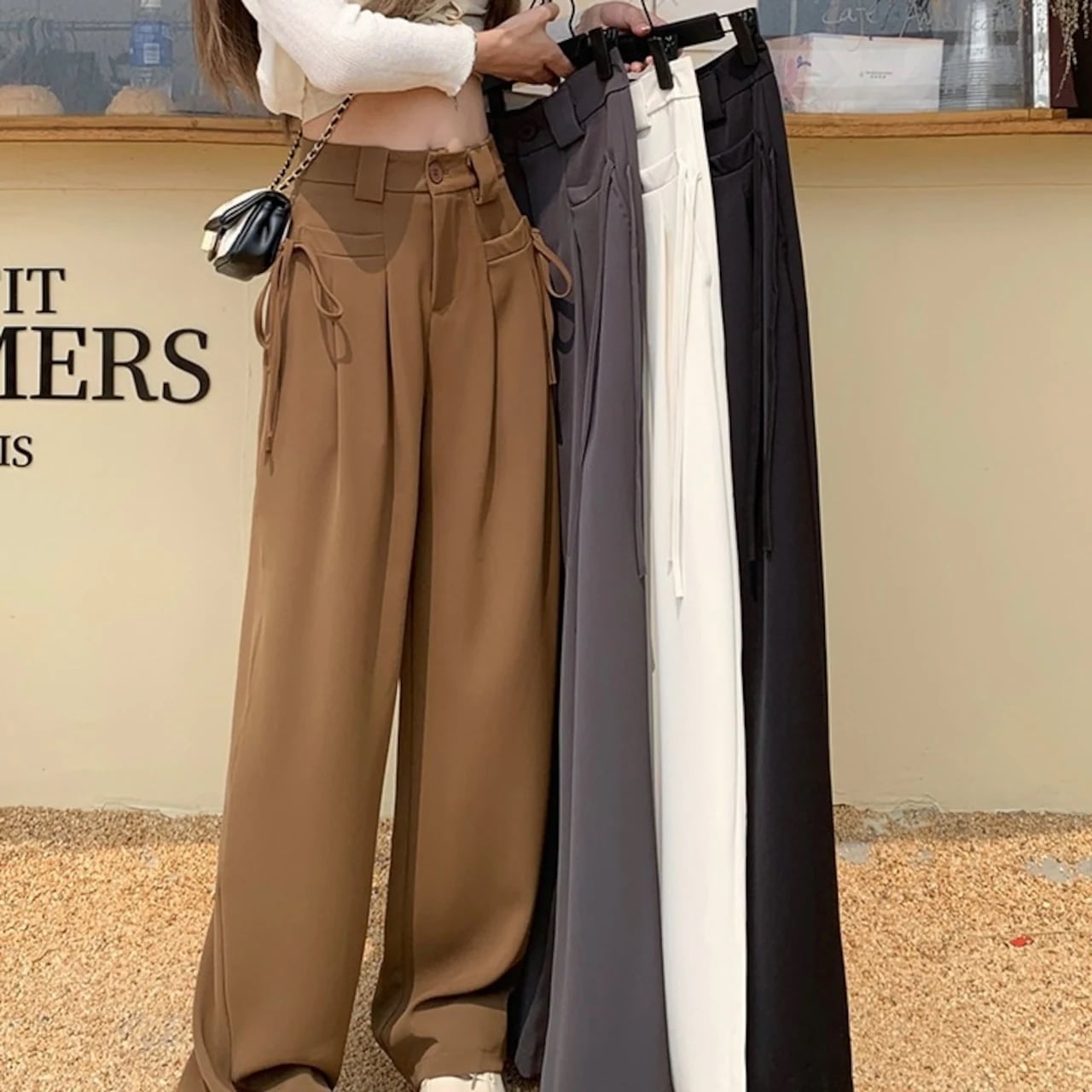 2024 春夏パンツ ロング丈 ワイド リボン ハイウエスト 美脚効果 脚長効果 細見え 夏 黒 茶色 白 おしゃれ かわいい ガーリー 甘め 韓国ファッション レディース お出かけ