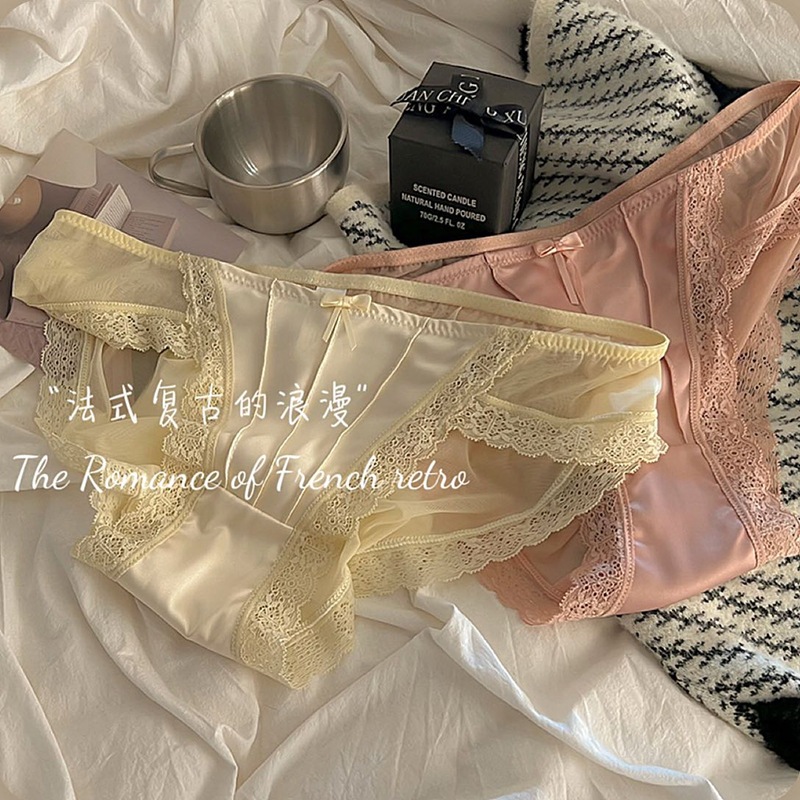 女の子用レトロサテンパンティー純粋なレースセクシーなメッシュブリーフミッドローウエスト夏用薄手シームレス