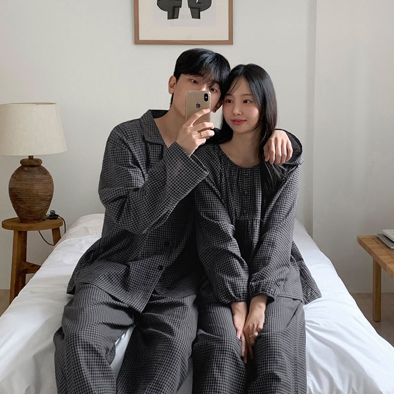 ペブル チェック 長袖 カップルペア パジャマ ルームウェア 上下セット