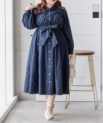 大きいサイズ レディース LL 3L 4L XL XXL XXXL CLETTEオリジナルビスチェ風切替シャツワンピース