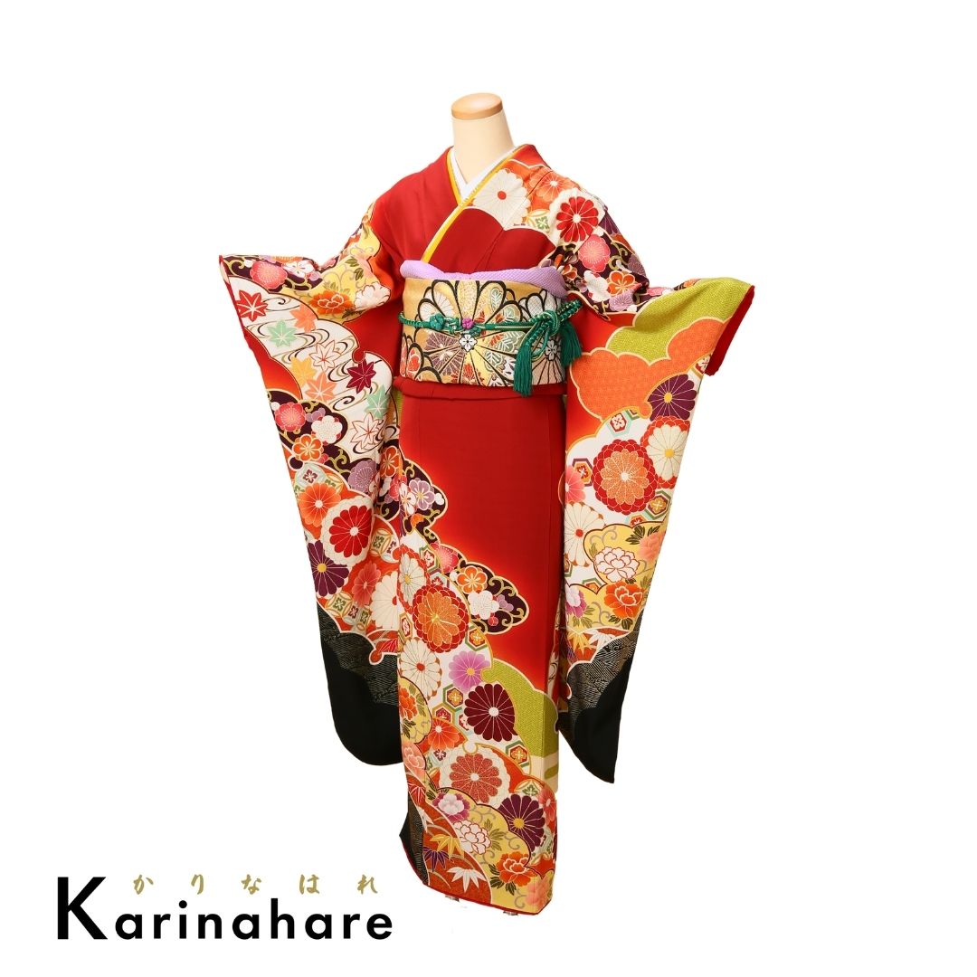 結婚式結納レンタル濃い赤に裾を黒で絞めることで伝統的な柄をさらに高級感up振袖成人式振袖セットF621-107S