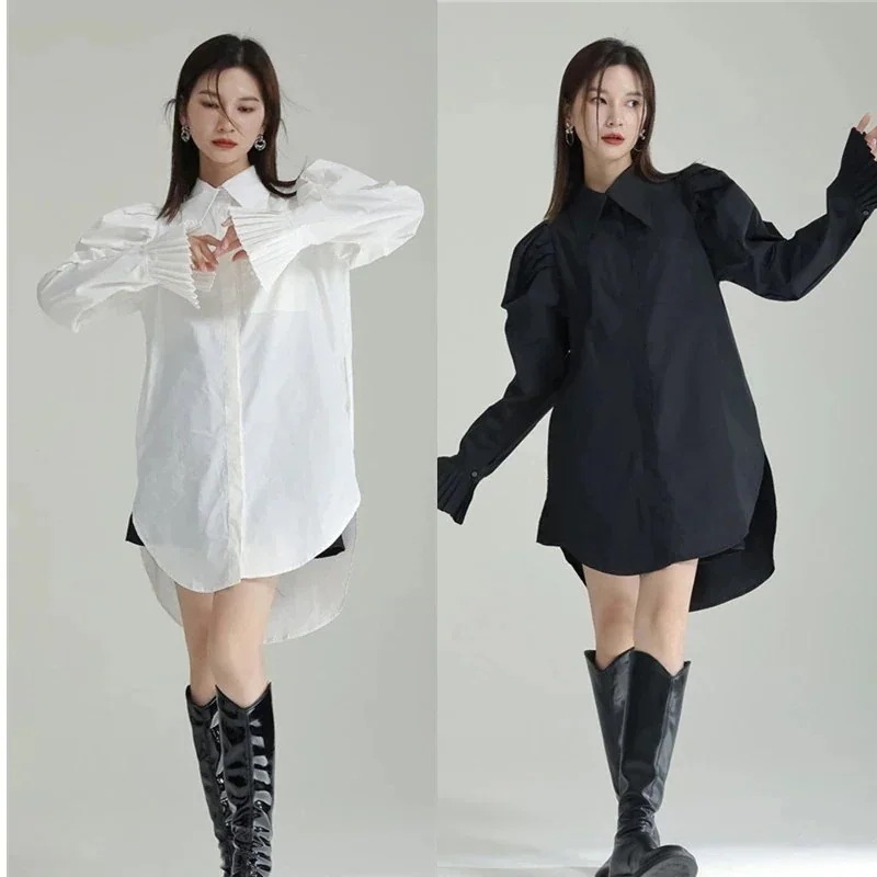 【J.Fashion】 アコー今週の割引は 25% オフですディオン風 プリーツ袖口 パフスリーブ 長丈ブラウス 体型カバー レディース おしゃれ 長袖 シャツ カシミヤタッチ 体型カバー メガ割