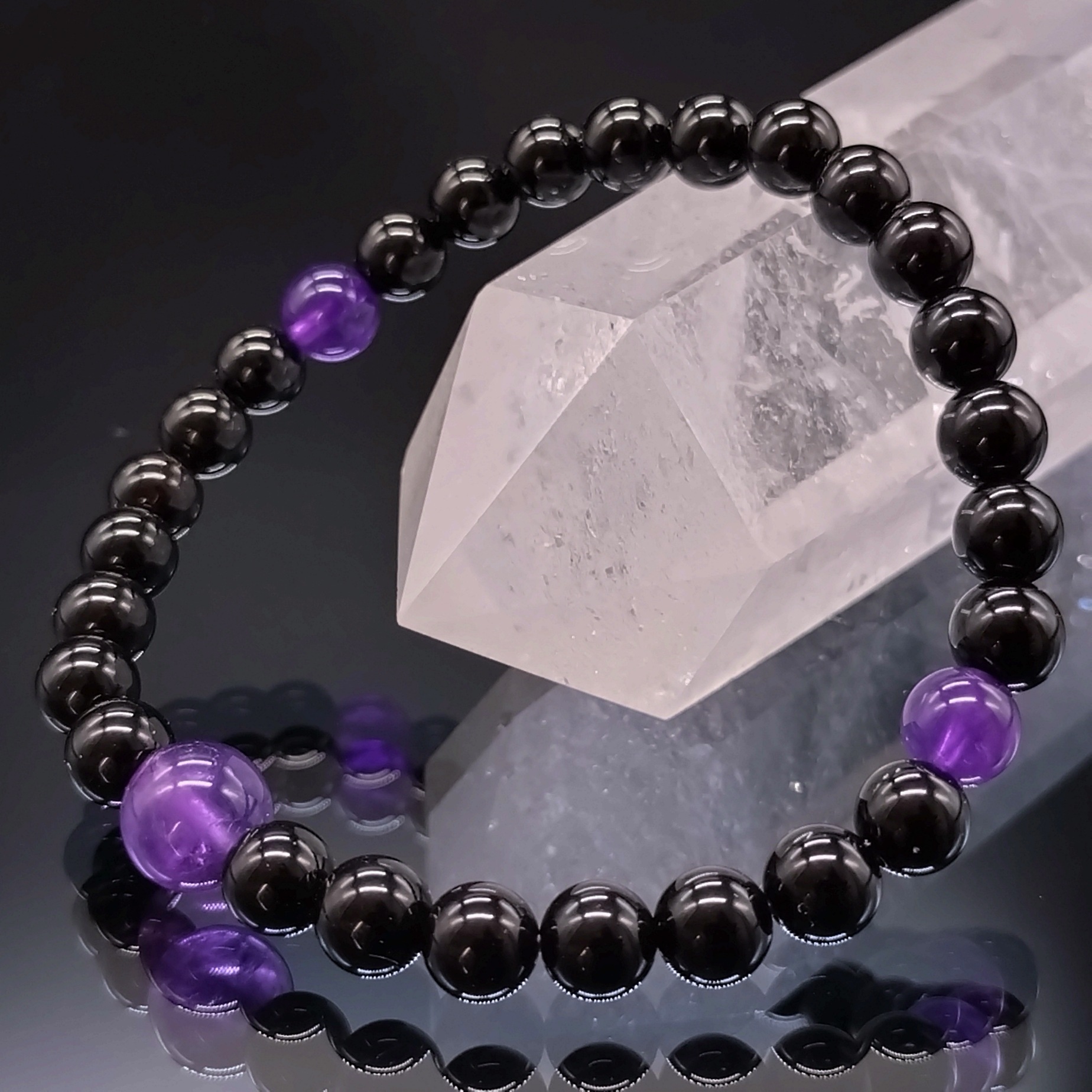 モリオン アメジスト 6mm 親玉8mm 鑑別済み ブレスレット パワーストーン 天然石