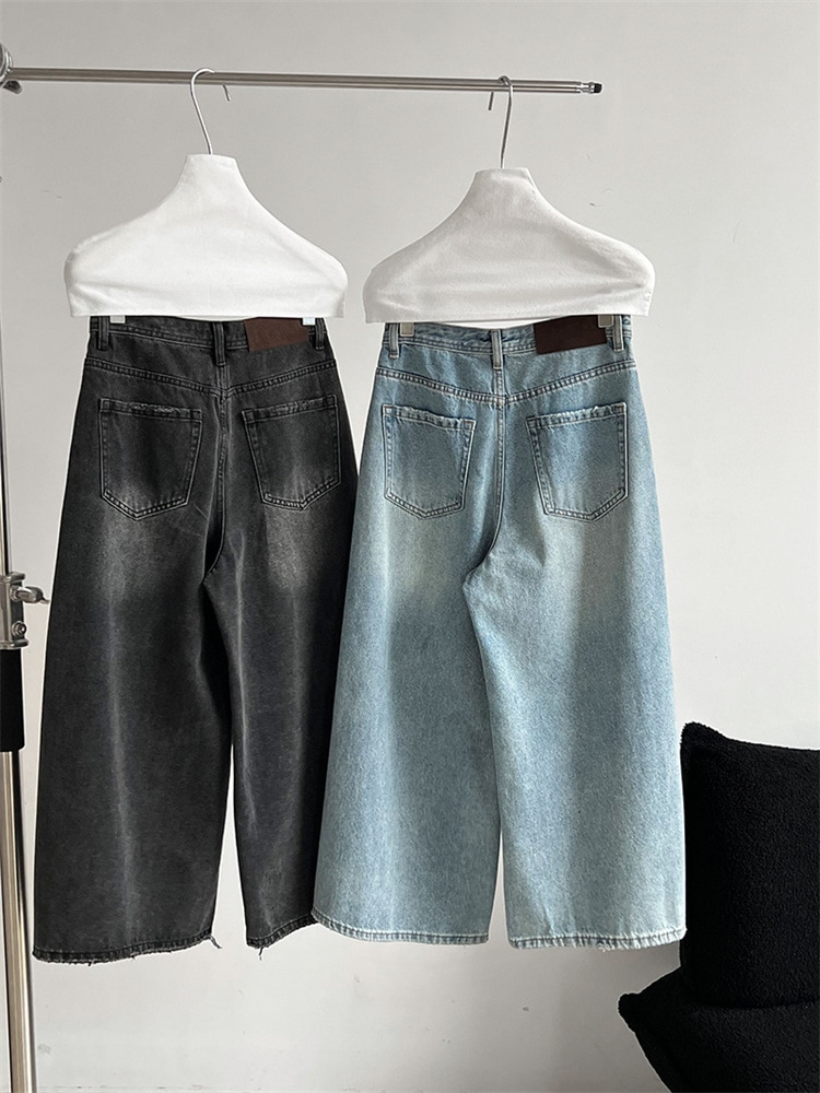 INSスタイル 2025春新作 レトロデニムパンツ ハイウエスト ストレート＆ワイドレッグ ゆったりリラックスフィット 8分丈 レディース