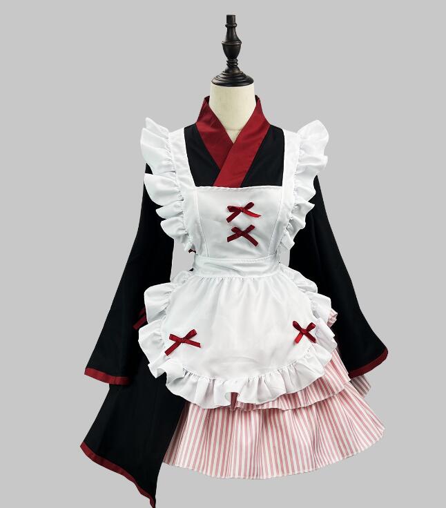迅速な出荷 メイド服 長袖 ミドル丈 メイド服 着物 和物 メイド コスプレ衣装 和風 ロリータ メイドコスチューム 可愛い 4点セット 女性 大人 和風 エプロンドレス 喫茶店 カフェ メイド co