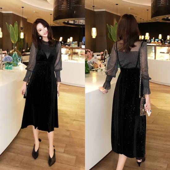 大きいサイズ パーティードレス 大きいサイズ ドレス フォーマル ゲスト セットアップ 長袖 ラメ 10代 20代 30代 大きいサイズ ブラックドレス 重ね着 春 秋 ミモレ丈