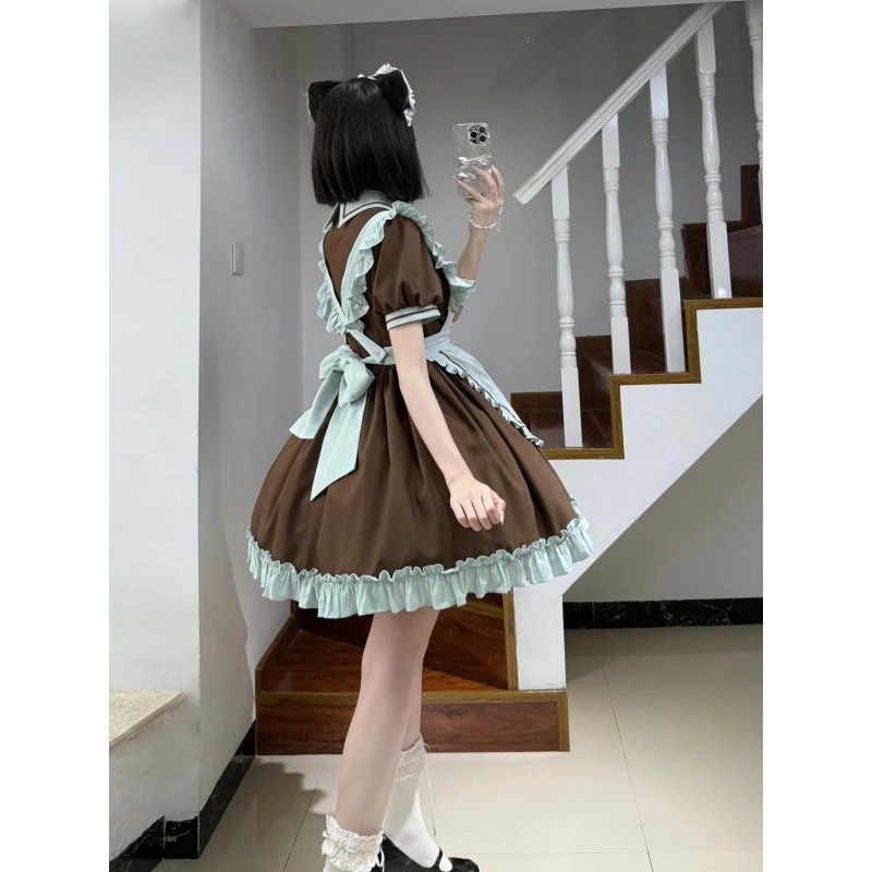 ロリータ リボンスリーブ ワンピース 春夏Cosメイドストラップエプロン2点セット