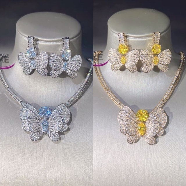 【3日で出荷】【ピアスとネックレスセット】黄色　バタフライ 蝶々　ピアス　花柄　フラワー　ネックレス　アクセサリー　キラキラ　ラインストーン　ビジュー リボン　ハート　かわいい　ガーリー　可愛い　原宿