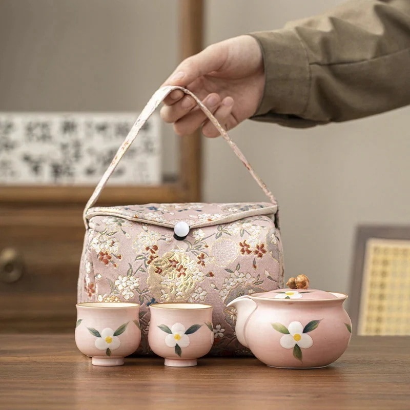 【3日出荷】ピンクの手描きセラミックカポックハンドキャッチポット1ポット2カップ付き2カップ屋外ポータブル旅行クイックゲストカップ