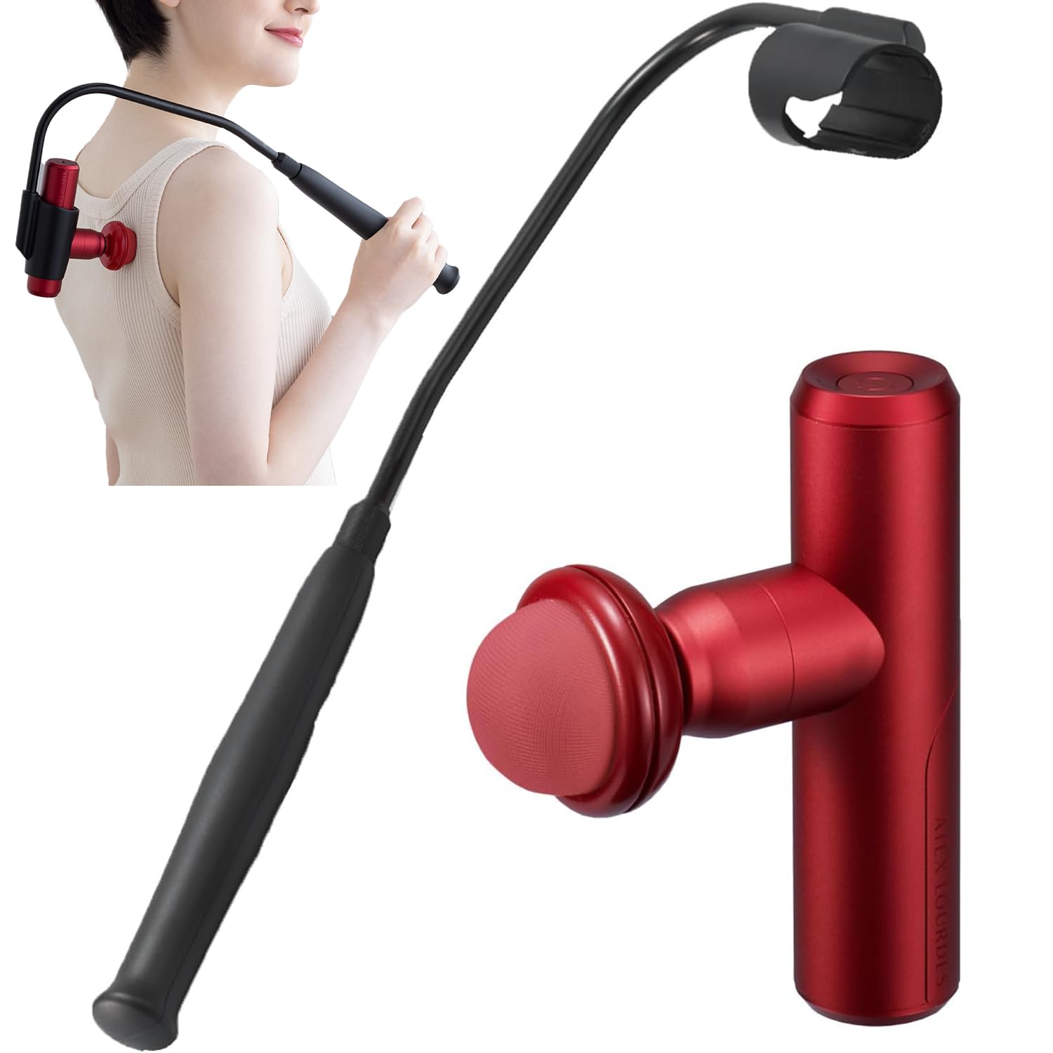 ATEX アテックス ルルドガンプラスアーム 【アダプター付き】 専用アーム付き 振動 軽量 220g 強力 6mm振幅 振動レベル4段階 アタッチメント5種 AX-HX336rd レッド 背中 肩