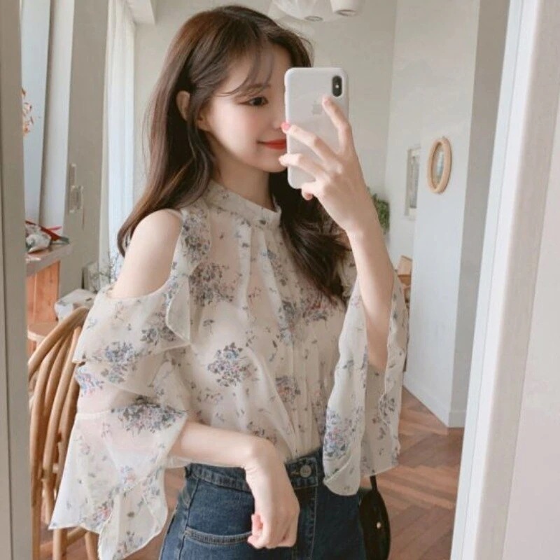 オフショル花柄ブラウス トップス ブラウス 袖あり l オフショルダー オフショル ハイネック トロミ コーデュロイ かわいい 大人可愛い きれいめ シンプル カジュアル 大人 おしゃれ お洒落 大