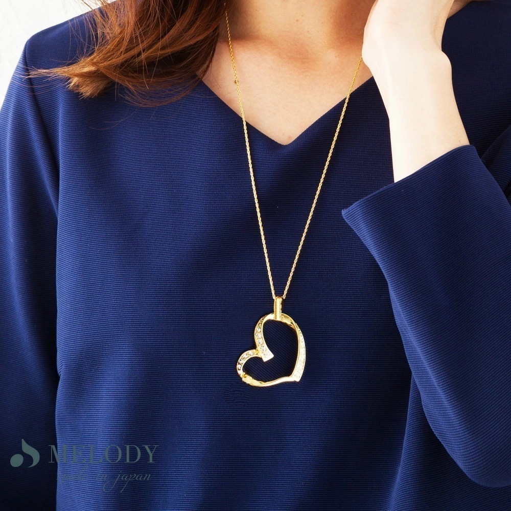 ネックレス K18GP オープンハート ロング 大 ペンダント オープンハート ゴールド シルバー ブランド チェーン おしゃれ 大ぶり プレゼント