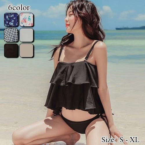 【グラシア】 水着 バンドゥ レディース ビーチウェア スイムウェア 流行 海 プール キャミ 2段 フレア ふんわり リボン 愛らしい 女子力 胸元 ホワイト ブラック カーキ 花柄ブルー 花柄ホワ