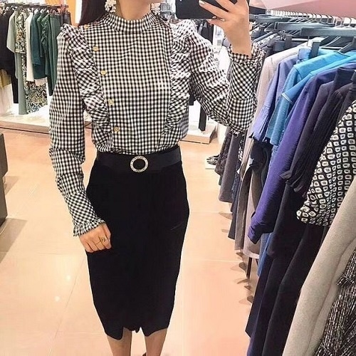 2003.フリンジ付スリムギンガムチェックシャツ(ブラック）