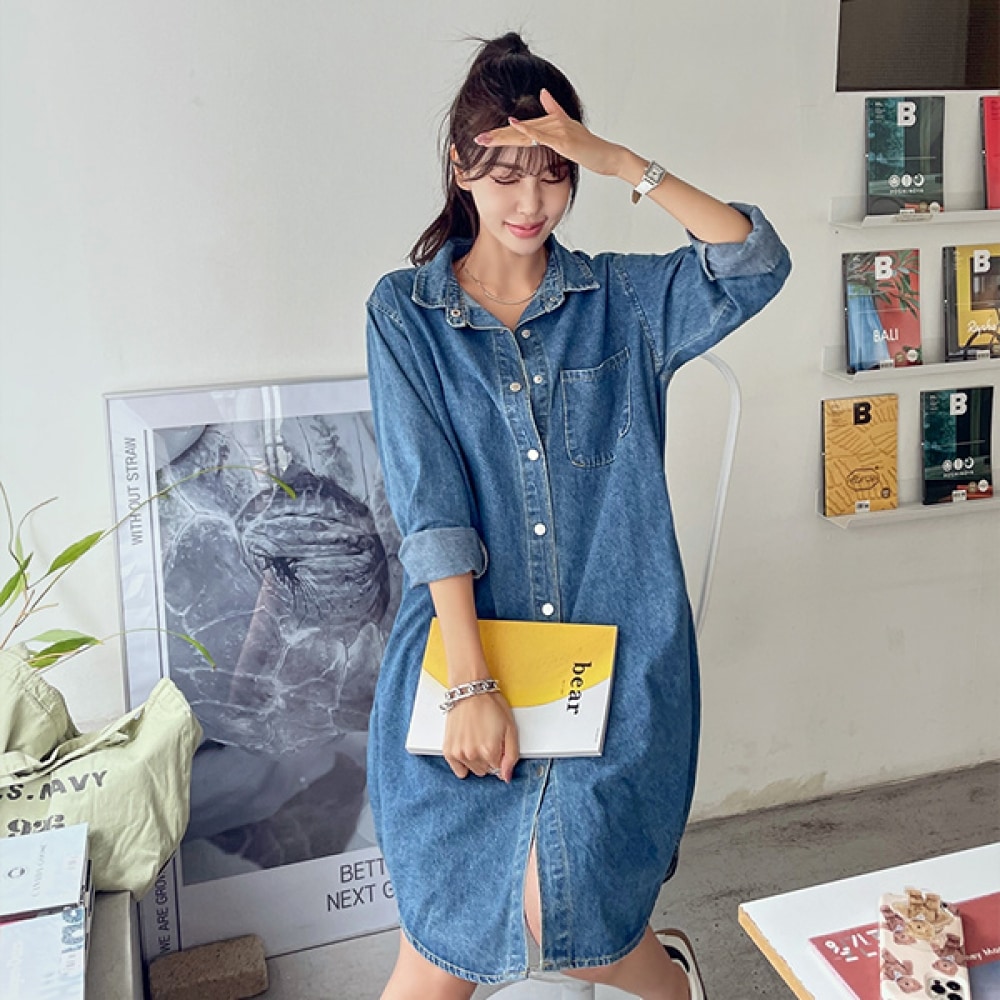 (NAK21) (55~88) デイリーシャツスタイルデニムワンピース NK11-O-29