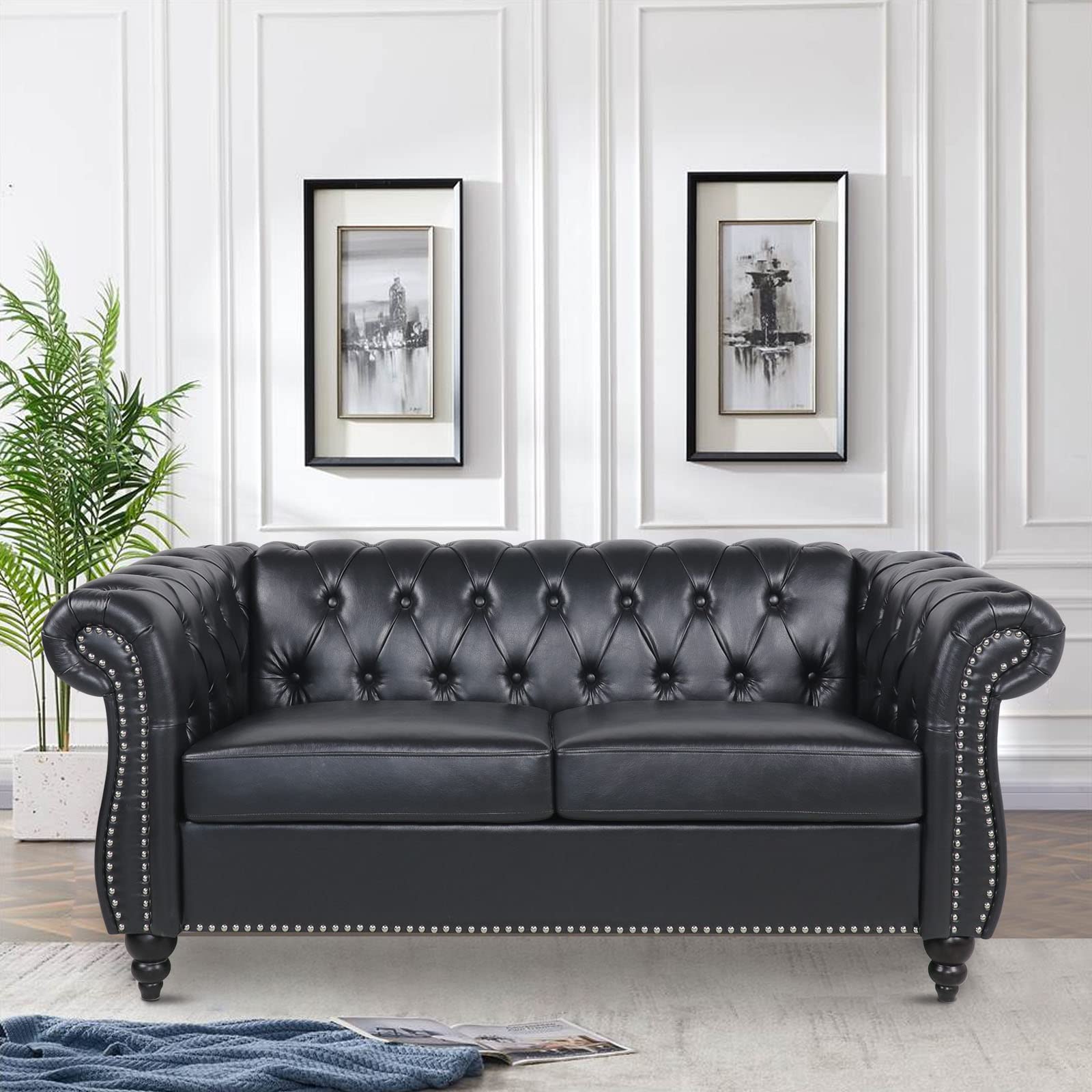 【大好評！最安値挑戦!】Chesterfield Loveseat革モダンソフトマットクラスタソファ2基巻き腕と釘頭付きリビング寝室に適しているGG4586 Black PUG2