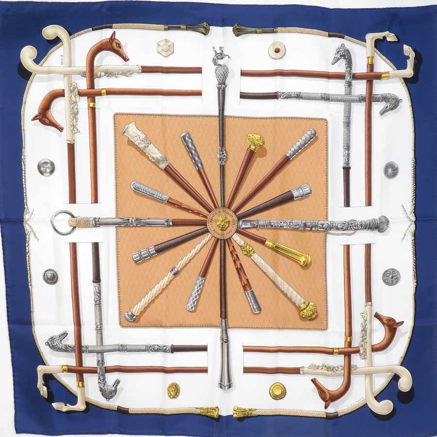 エルメス HERMES スカーフ カレ90 CANNES & POMMEAUX シルク ネイビーブルー/マルチカラー レディース e60222a