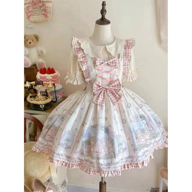 【急速出荷!】少女の半袖ワンピースかわいい日常ロリータポンポンプリンセススカート小熊ロリータのつぼみスカート