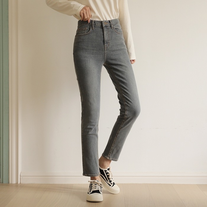 [韓国ファッション] ウォッシュグレーデニム ストレッチストレートパンツ