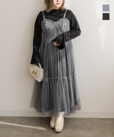 大きいサイズ レディース LL 3L 4L XL XXL XXXL CLETTEオリジナルインナー付きチュールキャミワンピースセット