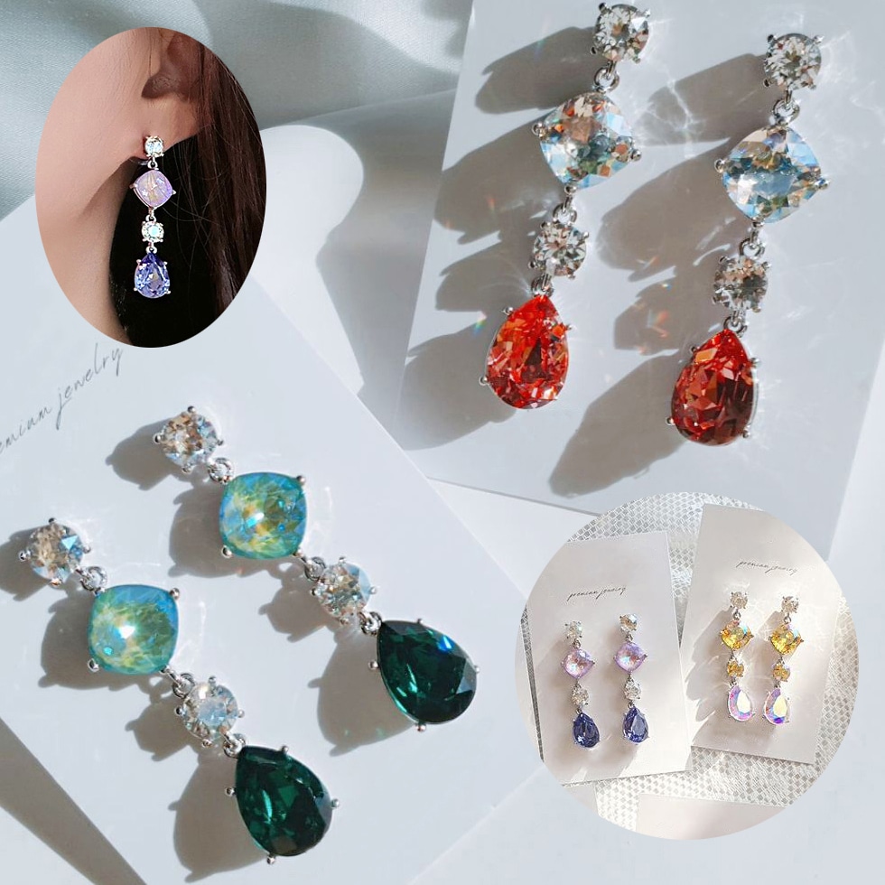 HOT ITEM 92.5 Silver Tear Drop Long Earrings Swarovski Cubic Made in Korea 5,104円