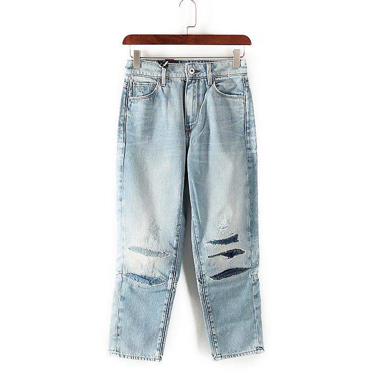 デニムパンツ レディース ダメージ ジーンズ クラッシュ ボトムス 春秋 ウォッシュド ストレート レトロ カジュアル ブルー