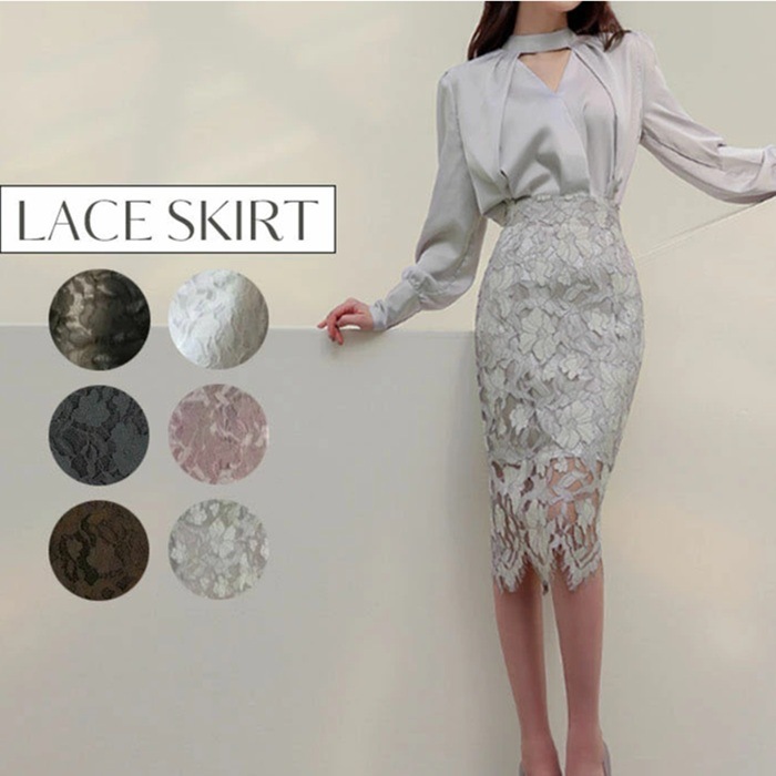 レーススカート タイト ミモレ丈 スカート 花柄 オフィス 式典