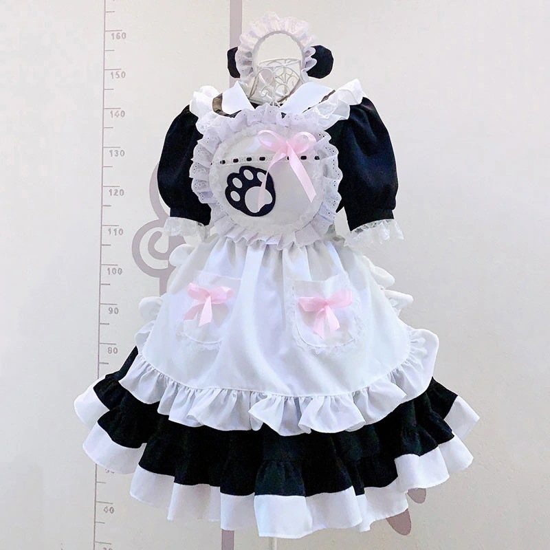 クラッシク黒白メイド服 肉球 猫の手柄 荷葉フリル 喫茶店用 カフェ ワンピース