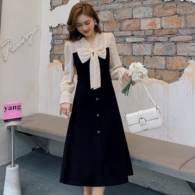 ワンピース 膝下 ミモレ ミモレ丈 袖あり 長袖 Vネック Aライン リボン 切り替えデザイン ドッキング 透け感 かわいい 大人可愛い きれいめ 上品 おしゃれ お洒落 エレガント 大人 上品