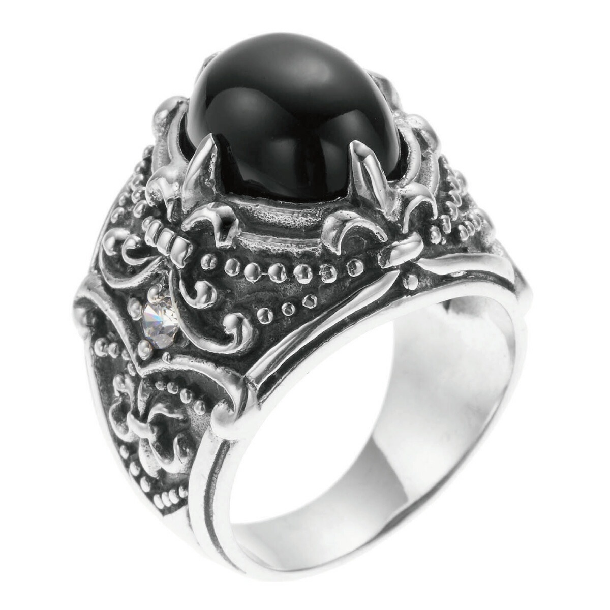 リング メンズ シルバー925 オニキス キュービックジルコニア 百合の紋章 幅広 クール