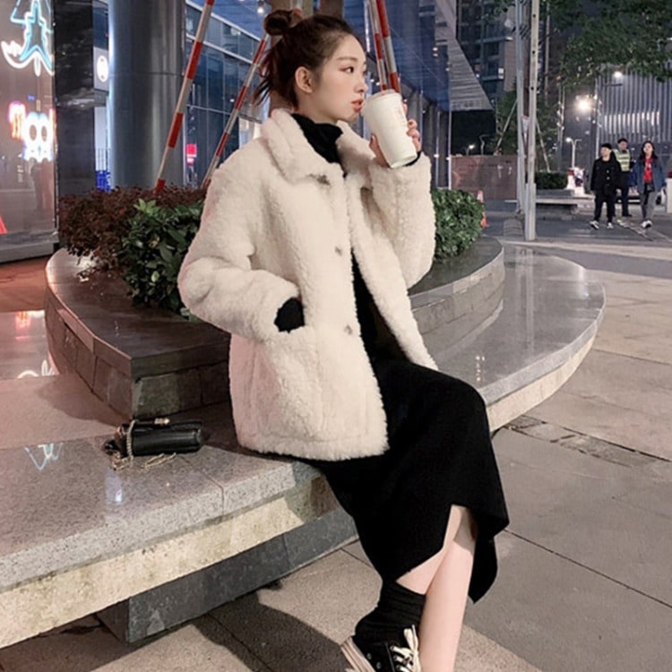 高級な質感レディースジャケットコート倣バーバーフリース秋作オシャレファッションきれいめ着痩冬レトロアウター通勤ミディアム丈コート