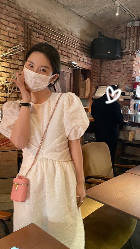 ラウンドネックウエスト水玉ドレスレディース半袖 2022 春夏新作パフスリーブスリムロングドレス