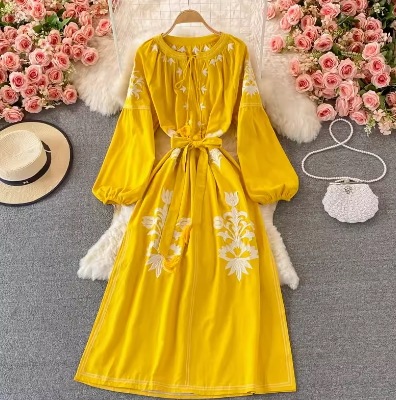 レディース スカート ワンピース シャツ ブラウス シャツワンピ 長袖 ボリューム袖 Vネック 襟付き フェミニン ウエストリボン 刺繡 かわいい 大人可愛い きれいめ シンプル カジュアル おしゃれ