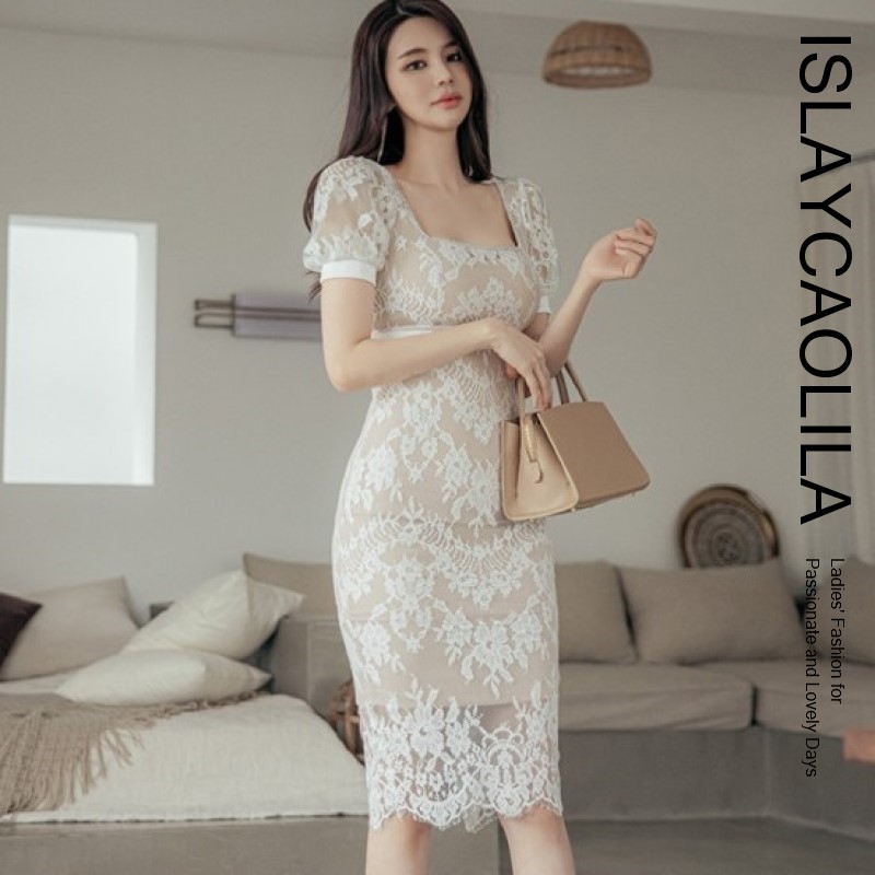 レース ワンピース シースルー タイト ミディ クラブ ドレス スクエアネック シアー 半袖 ミニ ひざ丈 レディース