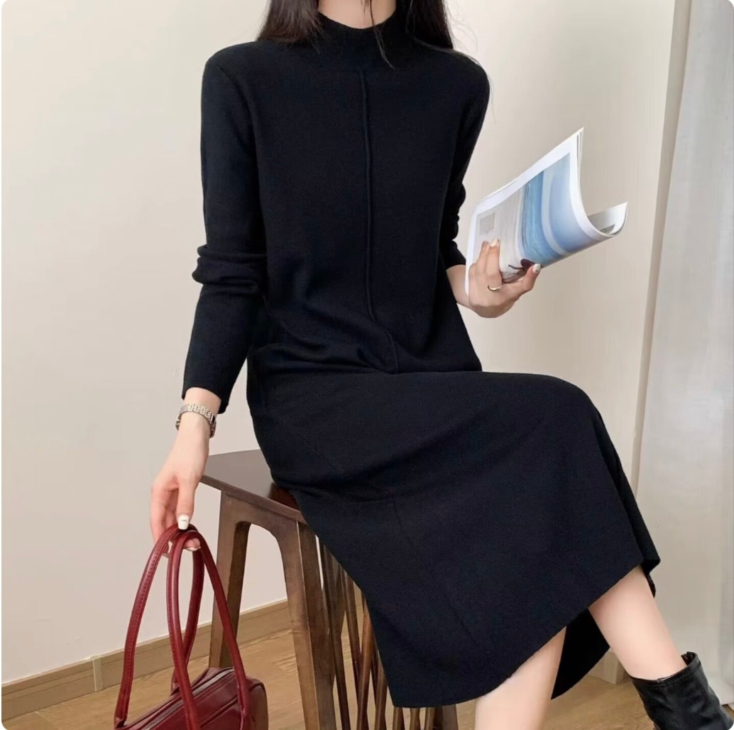 レディース ワンピース デート ワンピドレス ロング ロング丈 袖あり 長袖 襟付き スタンドカラー セミフレア 細身 ストレート 切り替えデザイン スマート 伸縮性 かわいい 大人可愛い きれいめ