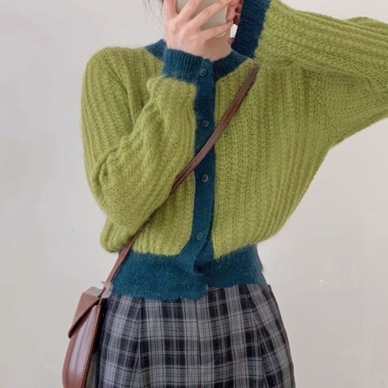 レディース トップス ニット セーター カーディガン 前開き 長袖 Uネック ラウンドネック フェミニン バイカラー 配色 かわいい 大人可愛い きれいめ シンプル 上品 おしゃれ かっこいい レトロ