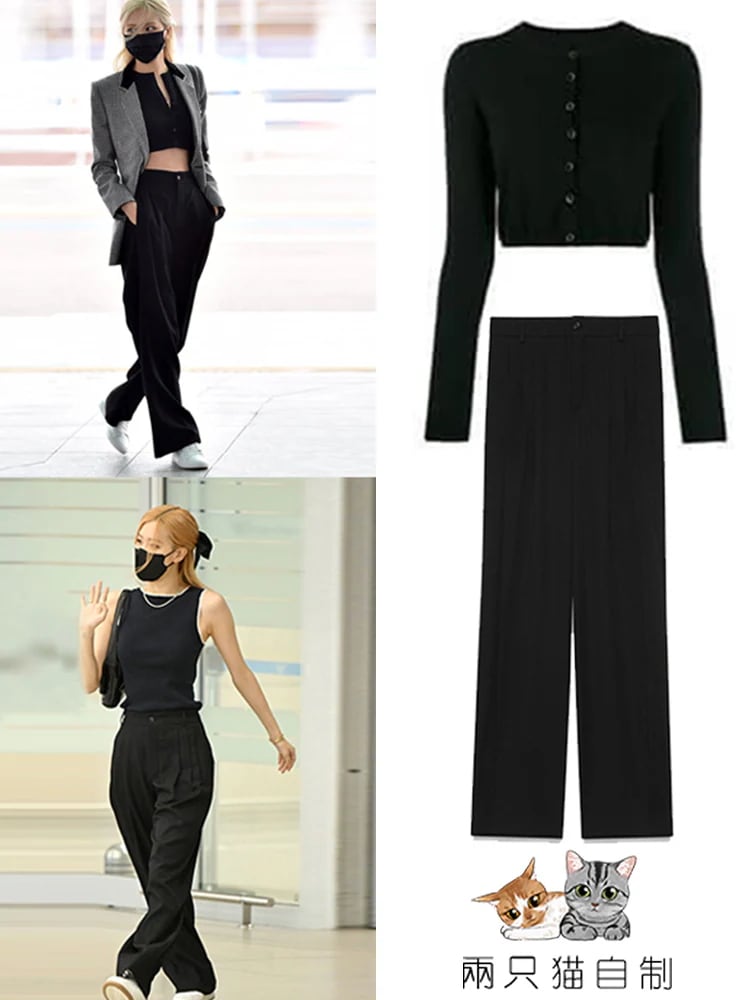 パク・チェヨンバラと千鳥格子ブレザーコートボトムセーターパンツスーツ