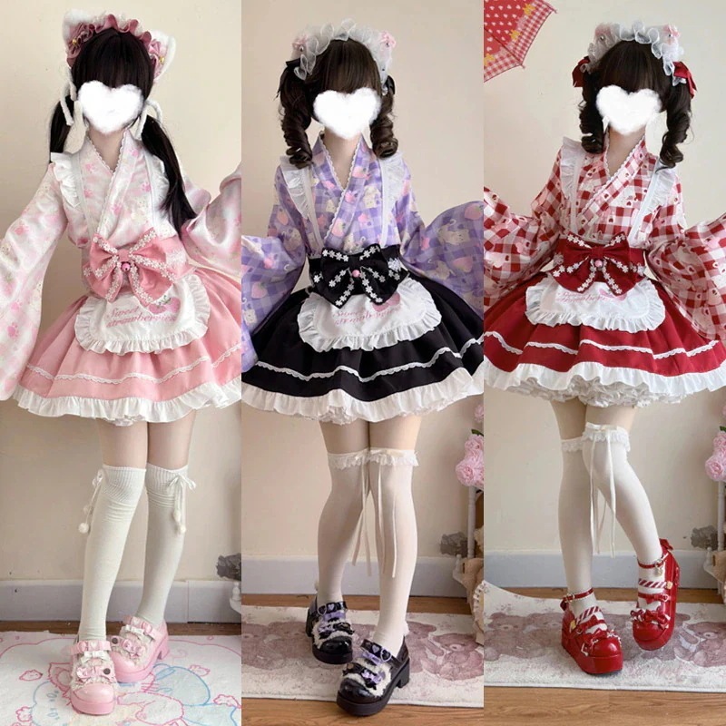 オリジナルデザイン ロリータ洋服 キュート和風メイド風 スプリングコーデ ネットレースタイダイミニスカートセット 二次元アニメ感 トップス＋スカート＋エプロン＋蝶モチーフベルト