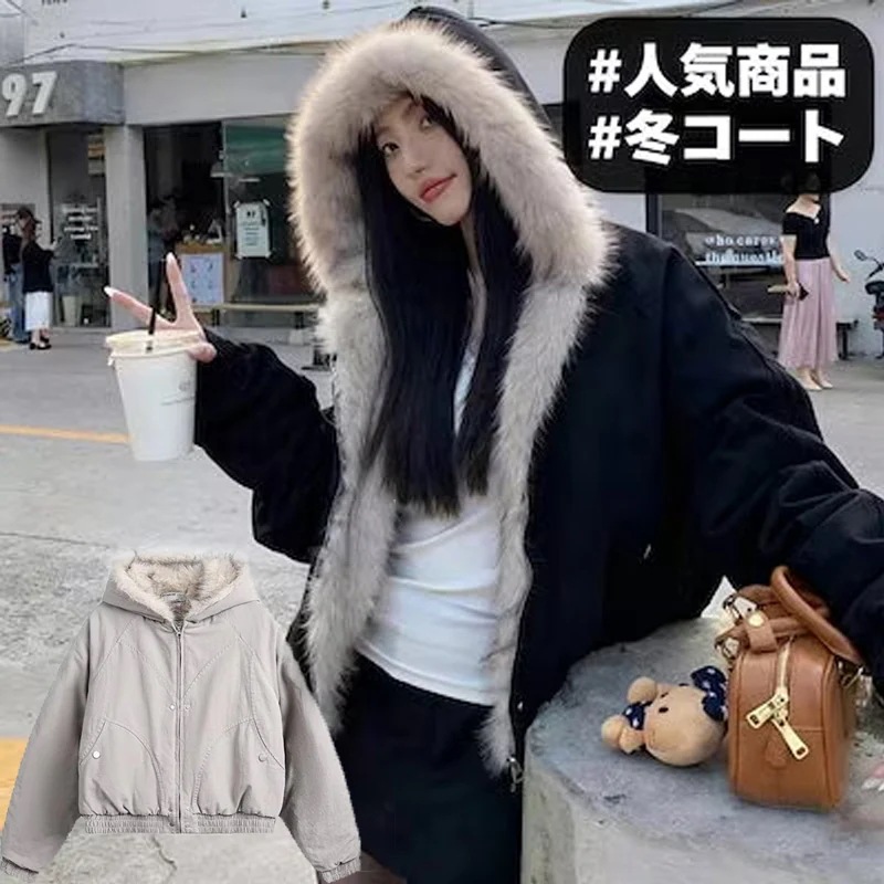 ビンテージウォッシュ ショートパデッドコート取り外し可能な ファーカラーユニセックス 解構築 ストリートウェアスタイル
