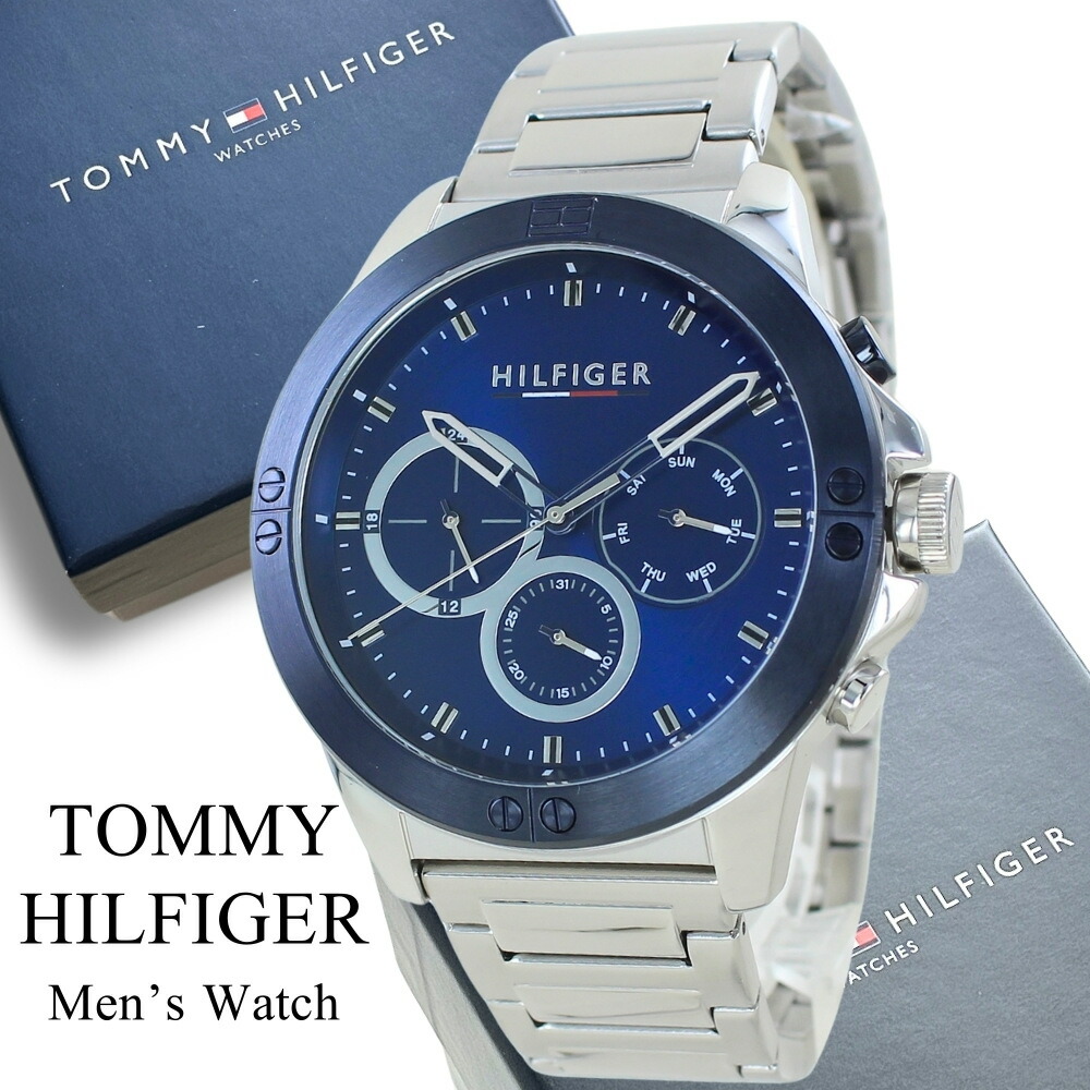 トミーヒルフィガー 腕時計 メンズ 父の日 プレゼントに最適 ネイビー シルバー ステンレスベルト 日付 曜日 表示付き 時計 ギフト プレゼント 男性用 おしゃれ 高級感 かっこいい シンプル 仕事