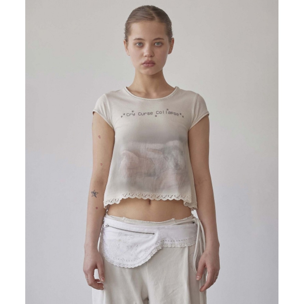 SCULPTOR レース クロップ ベビー ティー ヌード ピンク