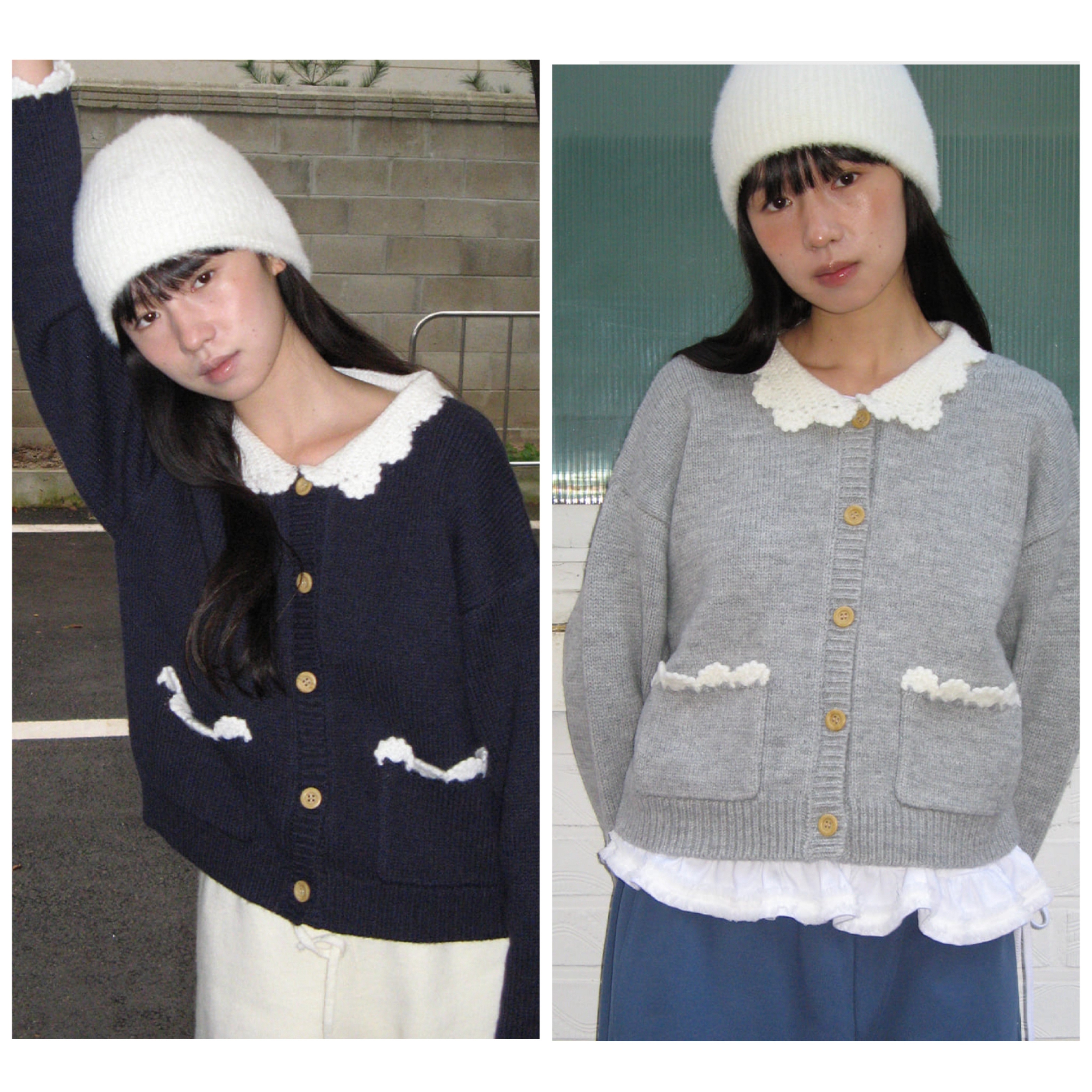 WAVY COLLAR POCKET HANDMADE KNIT CARDIGAN