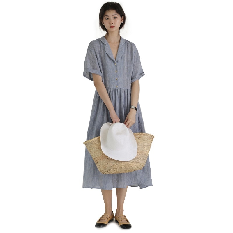 欧米風ファッション 2022ss ネイティブリネン ミックスカラー 花糸 花びら まだら襟ワンピース レディース ミドル丈