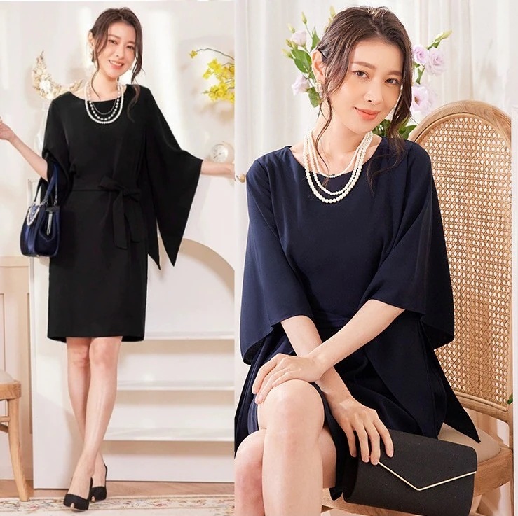 パーティードレス 結婚式 ワンピース ドレス 二次会 フォーマル 顔合わせ 披露宴 膝丈 ひざ下 七分袖 コウモリの袖 袖付き 食事 お呼ばれ 大きいサイズ 代30代40代50代