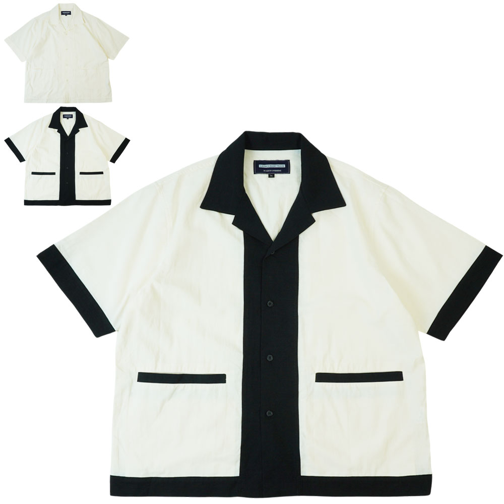 メンズ 開襟 半袖シャツリネントーンショートスリーブシャツ オープンカラーLAUNCH BASIC TRADE ラウンチベーシックトレードブラック アイボリー