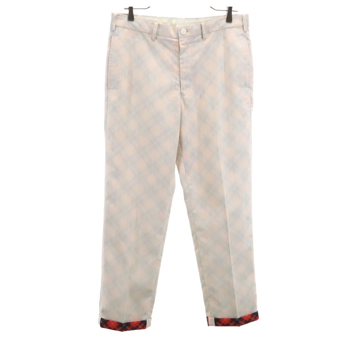 ISSEY MIYAKE MEN イッセイミヤケメン 日本製 リバースプリント チェック柄 スラックスパンツ 2 アイボリー系 メンズ 古着