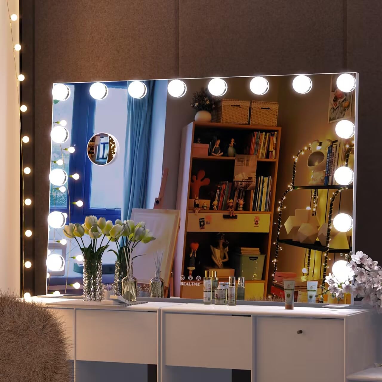 BEAUTME 女優ミラー 化粧鏡 ハリウッドミラー卓上ミラー 3色ライトモード 明るさ調節可能 16個LED電球付き 10倍拡大鏡付き 卓上/壁掛け両用 (白い, 91.1x61.6cm)