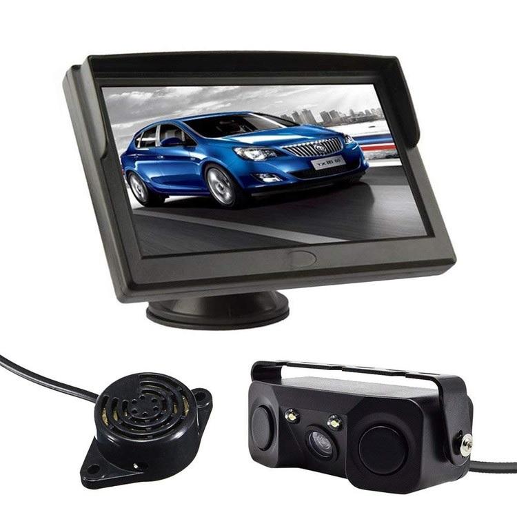 パーキングセンサ搭載バックカメラと車載モニターセット 5インチオンダッシュモニター ダブルレーダー 警報ブザー 広角カメラ 距離表示 安全駐車 OMT50PSBC3IN1 4,443円