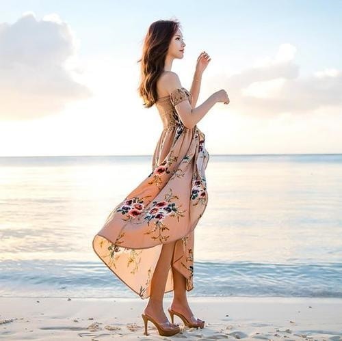 1510. 花柄オフショルダーイレヘムワンピース（カーキ） 2019 春夏 sale ビーチ 海 プール リゾート 女子会